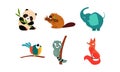 Collection of cute animals, panda bear, beaver, parrot, raccoon, fox vector Illustration on a white background Royalty Free Stock Photo