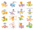 Collection of Cute Animals Pilots Flying on Retro Planes in the Sky Big Vector Set Royalty Free Stock Photo