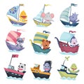 Collection of cute animals sailing on boat or ship steamer. Vector set funny baby cartoon sailors on sailboat with water Royalty Free Stock Photo