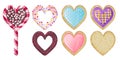 Collection of cute appetizing desserts in the form of hearts