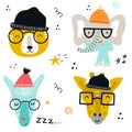 Collection of cute baby animals muzzle with glasses and knitted hats in scandinavian style. Royalty Free Stock Photo