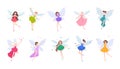 Collection of cute beautiful fairies in various dresses isolated on white background. Set of mythical or folkloric Royalty Free Stock Photo