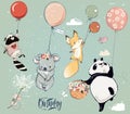 Collection with cute birthday fly animals with balloons