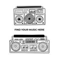 Collection of cute and black and white old school tape recorders doodles. Royalty Free Stock Photo