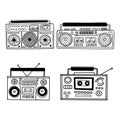 Collection of cute and black and white old school tape recorders doodles. Royalty Free Stock Photo