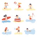 Collection of Cute Boys and Girls in Bathing Suits Playing and Having Fun on Beach on Summer Holidays Vector Royalty Free Stock Photo