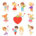 Collection of Cute Boys Giving Flowers to Adorable Little Girls Cartoon Vector Illustration