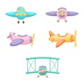 Collection of cute cartoon baby`s planes isolated on white background. Set of different models of planes for design of kid`s roo