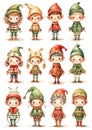 Collection of cute cartoon Christmas elves, smiling little boys and girls in holiday costumes. Watercolor isolated clipart. Royalty Free Stock Photo