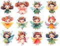 Collection of cute cartoon fairies with flowers wreaths on heads, watercolor paintings, stickers