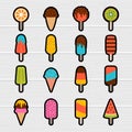 Collection of cute cartoon ice cream stickers. Hand drawn summer sweets. Frozen fruit juice, dessert