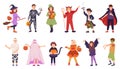 Collection of cute cartoon kids in colorful Halloween costumes: cat, pirate, devil, witches, ghost, mummy, skeleton Royalty Free Stock Photo