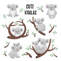 Collection of cute cartoon koalas. Set of vector stickers. Doodle icons. Template for design, print, textile.