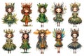 Collection of cute cartoon little druid girls, forest elves standing in a row, fantasy characters with deer antlers, isolated on Royalty Free Stock Photo