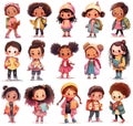 Collection of cute cartoon little multiethnic girls, school kids with books and backpacks, standing children in different poses,