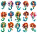 Collection of cute cartoon mermaids isolated on white background. Watercolor illustration. Generative AI