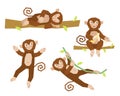 A collection of cute cartoon monkeys in different positions. The monkey sitting eats a banana, sleeps on a branch