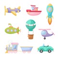 Collection of cute cartoon transport. Set of vehicles for design of childrens book, album, baby shower, greeting card, party Royalty Free Stock Photo