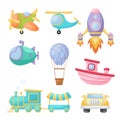 Collection of cute cartoon transport. Set of vehicles for design of childrens book, album, baby shower, greeting card, party Royalty Free Stock Photo