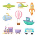 Collection of cute cartoon transport. Set of vehicles for design of childrens book, album, baby shower, greeting card, party Royalty Free Stock Photo