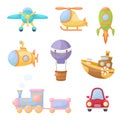 Collection of cute cartoon transport. Set of vehicles for design of childrens book, album, baby shower, greeting card, party Royalty Free Stock Photo