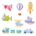 Collection of cute cartoon transport. Set of vehicles for design of kids rooms, clothing, album, card, baby shower, birthday Royalty Free Stock Photo