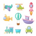 Collection of cute cartoon transport. Set of vehicles for design of kids rooms, clothing, album, card, baby shower, birthday Royalty Free Stock Photo