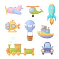 Collection of cute cartoon transport. Set of vehicles for design of kids rooms, clothing, album, card, baby shower, birthday Royalty Free Stock Photo