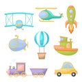 Collection of cute cartoon transport. Set of vehicles for design of kids rooms, clothing, album, card, baby shower, birthday Royalty Free Stock Photo