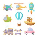 Collection of cute cartoon transport. Set of vehicles for design of kids rooms, clothing, album, card, baby shower, birthday Royalty Free Stock Photo