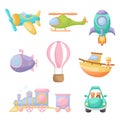 Collection of cute cartoon transport. Set of vehicles for design of kids rooms, clothing, album, card, baby shower, birthday Royalty Free Stock Photo