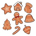 Collection of cute Christmas Gingerbread cookies hand drawn cartoon, star, sock, ginger man, house, candy, bell Royalty Free Stock Photo