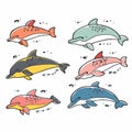 Collection cute colorful cartoon dolphins swimming aquatic. Hand drawn playful dolphin characters Royalty Free Stock Photo