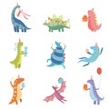 Collection of Cute Colorful Dinosaurs in Party Hats, Funny Blue Dino Characters, Happy Birthday Party Design Elements