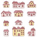 Collection of cute colorful doodle houses. Set of simple cartoon objects of small town or village. Pink and yellow