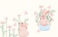 A collection of cute compositions with a rabbit sitting in a basket and a rabbit holding a flower. Spring flowering