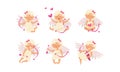 Collection of Cute Cupid Girls in Different Actions, Adorable Cherubs Shooting with Bow and Arrows Surrounded with Pink
