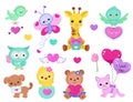 Collection of cute cute animals for Valentine`s Day, weddings, congratulations, declarations of love.