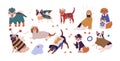 Collection of cute dogs of different breeds wearing funny costumes. Set of amusing cartoon domestic animals dressed in