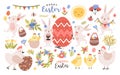 Collection of cute easter cartoon characters and spring decorative elements - bunnies, eggs, chickens, blooming flowers