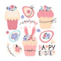 Collection of cute easter cartoon spring decorative elements - eggs, Easter bread, cake, blooming flowers isolated on white