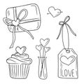 Collection of cute elements: package with hearts, candies on sticks, cupcake with cream, arrow, tag with ribbon. Hand drawn vector