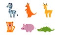 Collection of Cute Exotic Animals, Zebra, Kangaroo, Antelope, Boar, Crocodile Vector Illustration