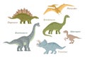 Collection of cute flat dinosaurs. Jurassic period creatures.