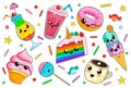 Collection of cute food characters.colorful kawaii sweets, vector isolated on white