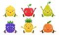 Collection of Cute Fruit and Berries Cartoon Characters with Funny Faces, Lemon, Apple, Pear, Blackberry, Pineapple Royalty Free Stock Photo