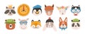 Collection of cute funny animal faces or heads wearing glasses, hats, headbands and wreaths. Set of various cartoon Royalty Free Stock Photo