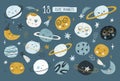 Collection of Cute Funny Baby Planets. Funny baby planets in flat vector illustration. Lovely celestial bodies with