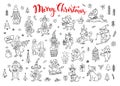 Collection of cute funny christmas and happy new year 2018 greeting congratulating sketch style doodle dogs Royalty Free Stock Photo