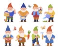 Collection cute funny garden gnomes vector flat illustration friendly fairy tail character gardener